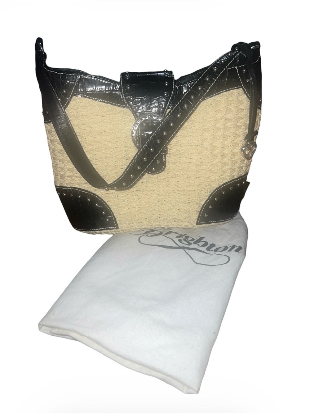 Brighton Cream Woven Tote with Black Croc-Trim and Heart Charm